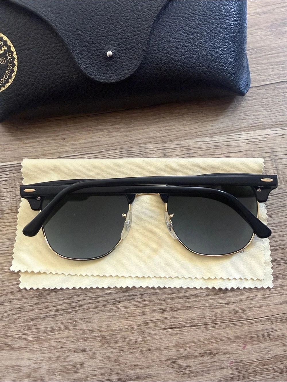 Ray-Ban Black and Gold Clubmaster Sunglasses with Green Lenses